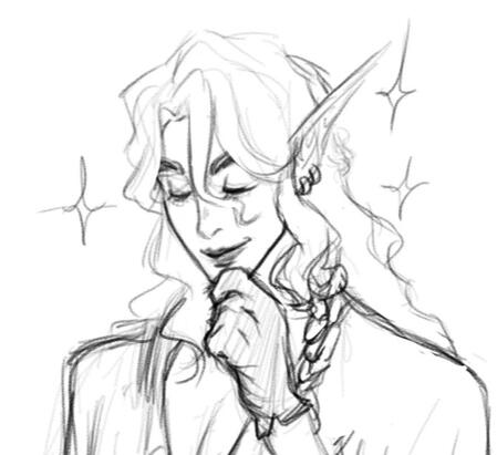 This is an image of an elven girl with powder blue skin and rosy cheeks. Her full lips are a reddish-orange color, and her eyes are big and a slightly darker shade of blue than her skin. Her hair is dark blue with light blue highlights, parted down the mid
