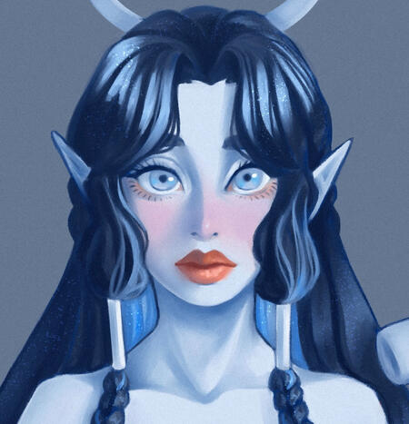 This is an image of an elven girl with powder blue skin and rosy cheeks. Her full lips are a reddish-orange color, and her eyes are big and a slightly darker shade of blue than her skin. Her hair is dark blue with light blue highlights, parted down the mid